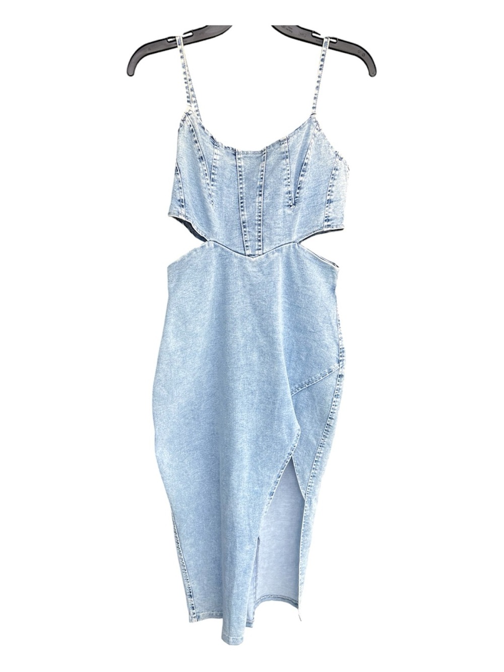Light Wash Denim Cutout Midi Dress NWT The Wave Inspired Stretchy and Flattering